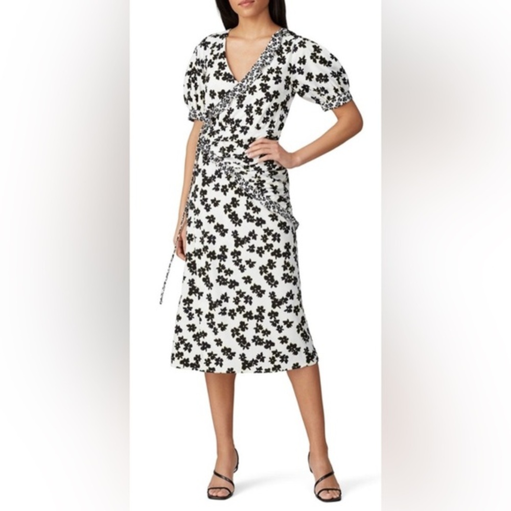 NWT Love Whit Floral Midi‎ Black and White Wrap Dress with Puffy Sleeves - S